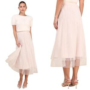 Lulu Fabulous Chicness Cream Tulle High-Rise Pull-on Midi Skirt size Small